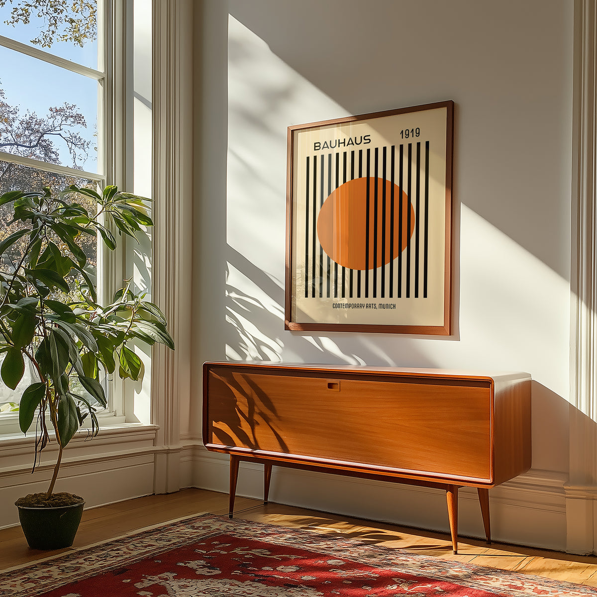 Clean geometric lines in striped sun bauhaus decor wall print