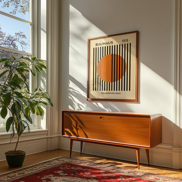 Clean geometric lines in striped sun bauhaus decor wall print