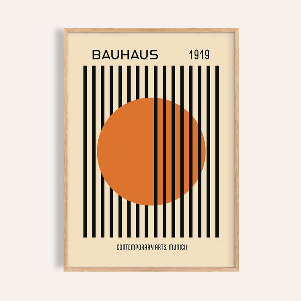Bauhaus decor print with orange sun and black vertical stripes