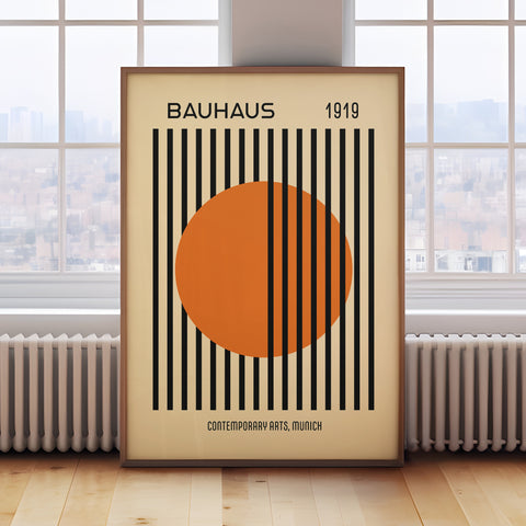 Bauhaus-inspired geometric artwork featuring an orange circle