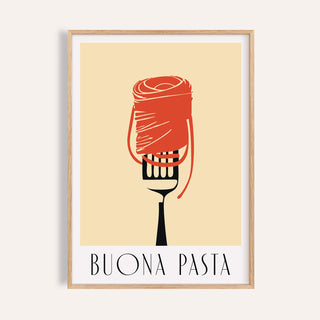 Framed print of pasta wall art with minimalist pasta on fork in red and black on beige background