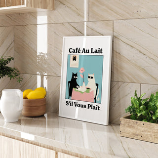 Unique quirky kitchen wall art print featuring cats and coffee