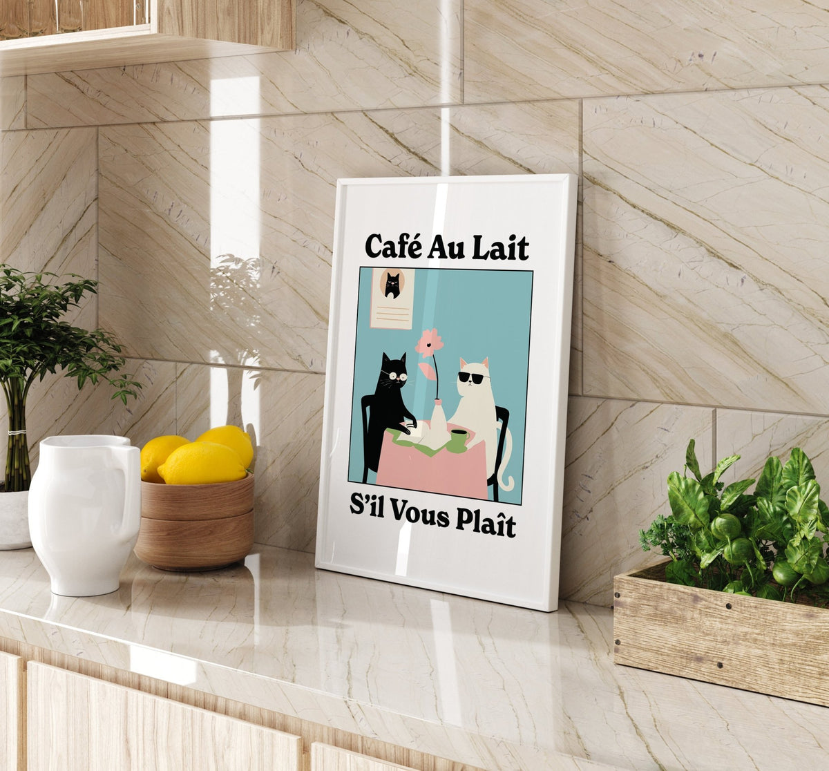 Unique quirky kitchen wall art print featuring cats and coffee