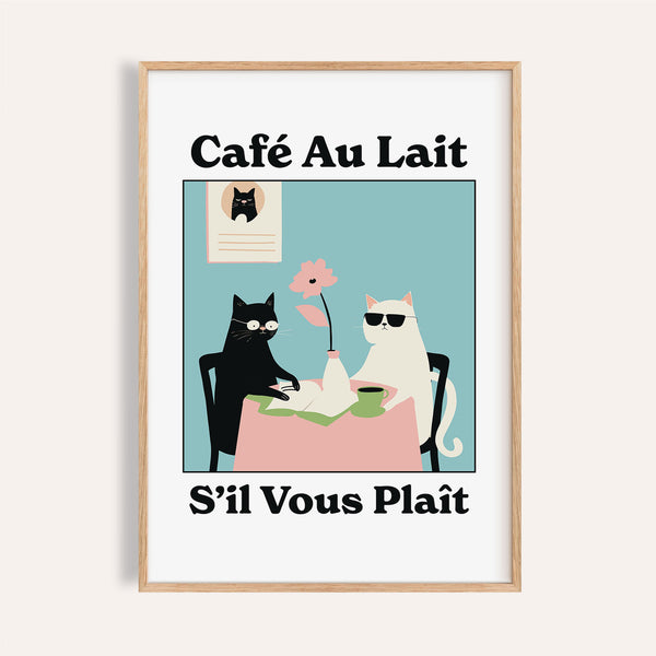 Quirky kitchen wall art featuring Café au Lait Cats poster