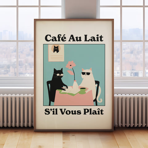 Quirky Kitchen Wall Art - Café au Lait Cats Poster