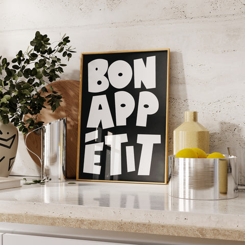 Bon Appétit black and white kitchen wall art