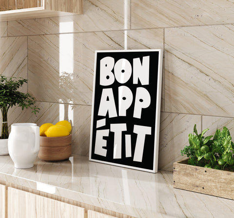 French kitchen art print Bon Appétit in black and white