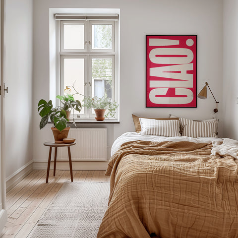 CIAO magenta poster, minimalist typography art for colorful interiors
