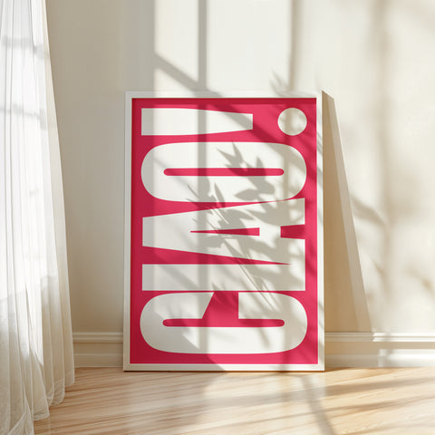 Modern magenta and white CIAO typography print, ideal for stylish spaces
