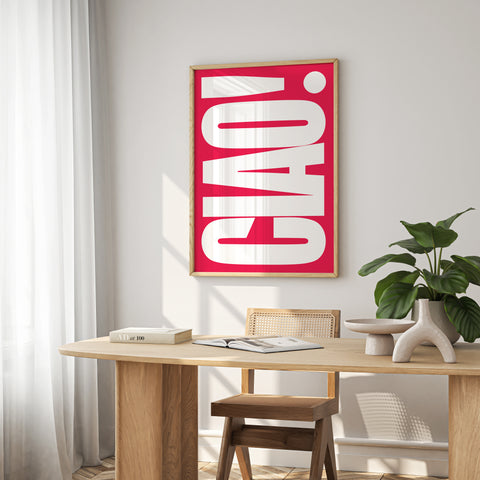 Vibrant CIAO poster in magenta with white text, perfect for contemporary decor
