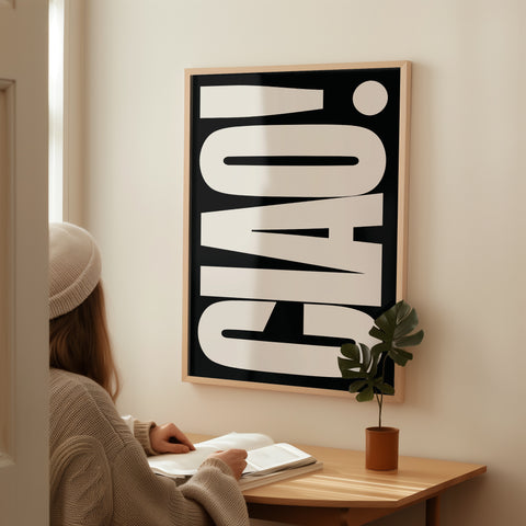 Italian-inspired CIAO typography wall art, perfect for sophisticated decor
