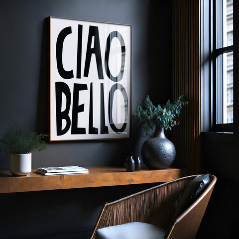 Stylish Italian-themed wall art with black Ciao Bello text on a white background
