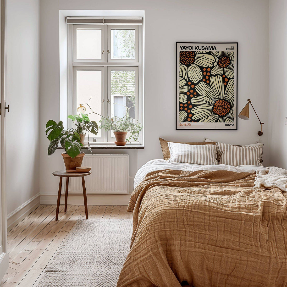 Bold black and orange modern floral art print for contemporary bedrooms