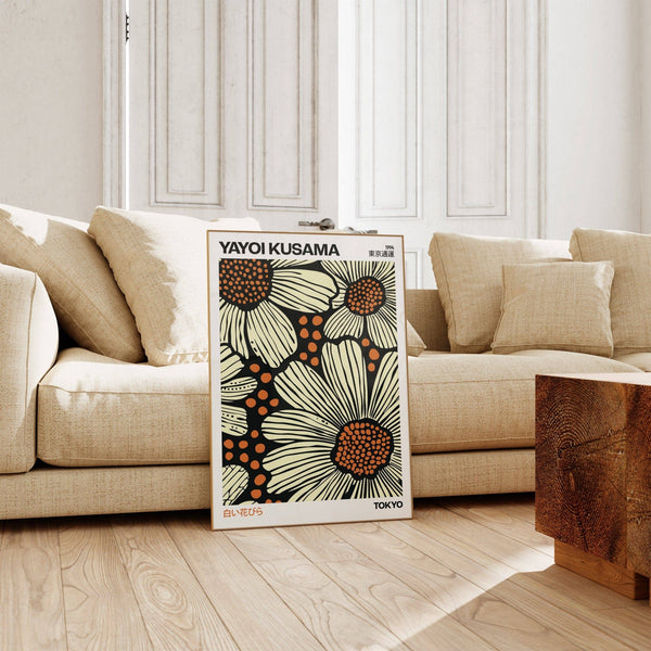 Abstract modern floral art print featuring beige blooms on black canvas

