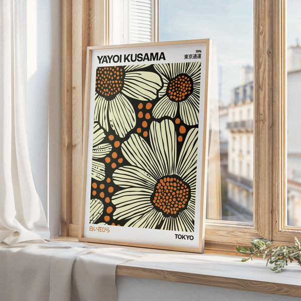 Statement modern floral art print in soft cream and bold orange for hallways

