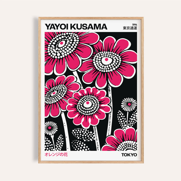 Modern floral wall art featuring pink Yayoi Kusama flowers