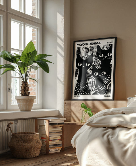 Kusama-inspired black and white cats art print for contemporary decor