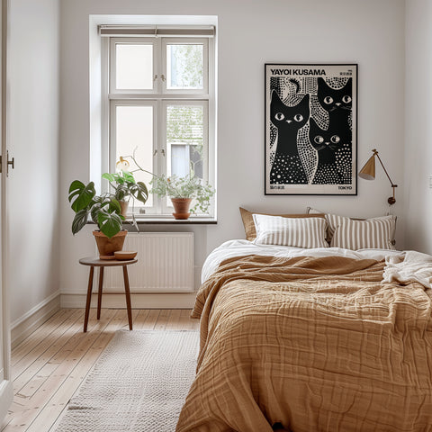 Three black cats poster with polka dot patterns in black and white