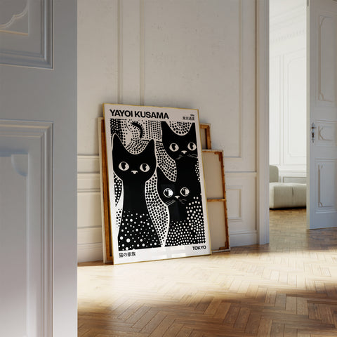 Kusama-style black and white cats wall art