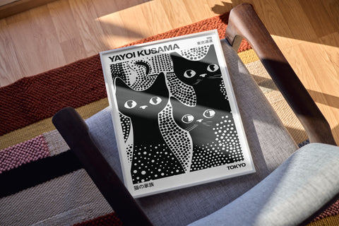 High-quality black and white cats poster with polka dots