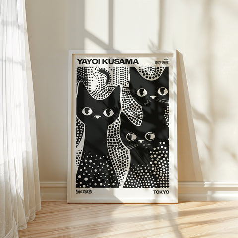 Contemporary black and white cats artwork in Kusama’s style