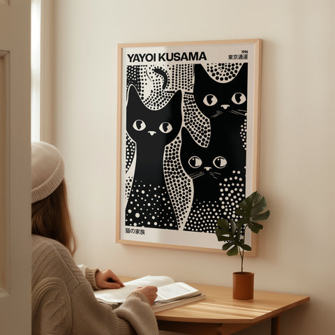 Black and white poster featuring Kusama’s iconic polka dot patterns