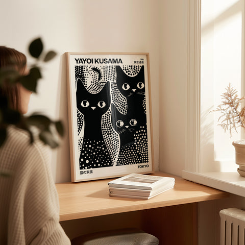 Modern black and white cats poster in Kusama’s style