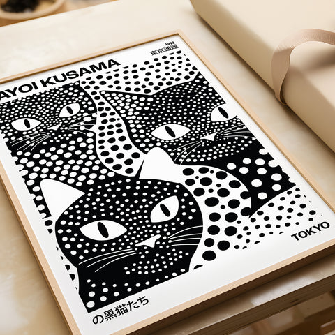 Mysterious black cat poster with contemporary polka dots
