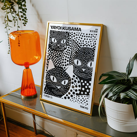 Contemporary feline art print with polka dot design
