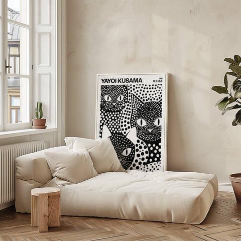 Yayoi Kusama-inspired art featuring elegant black cats
