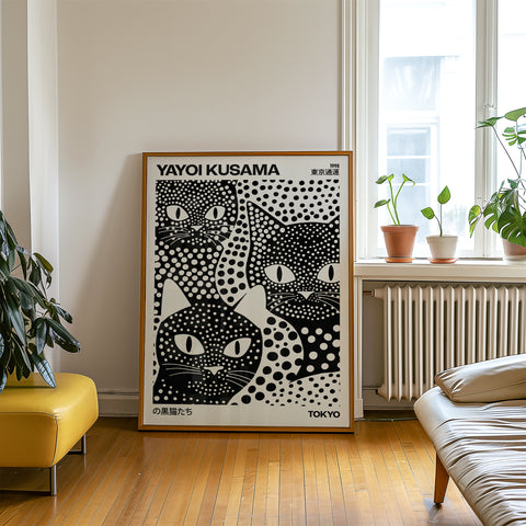 Bold and modern black cat poster with dots
