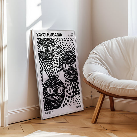 Polka dot cat poster in the style of Yayoi Kusama
