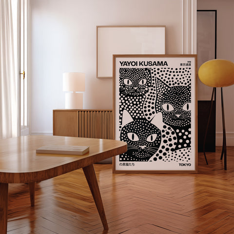 Artistic black cat print with dynamic polka dots
