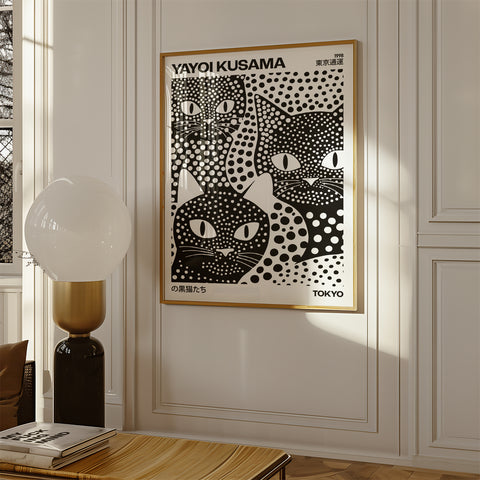 Kusama-style feline poster with vibrant patterns
