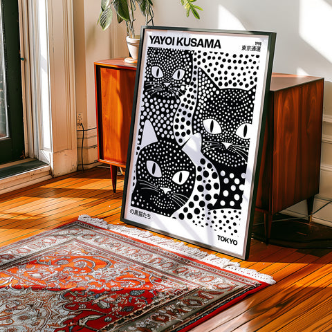 Polka dot cat art print for modern interiors
