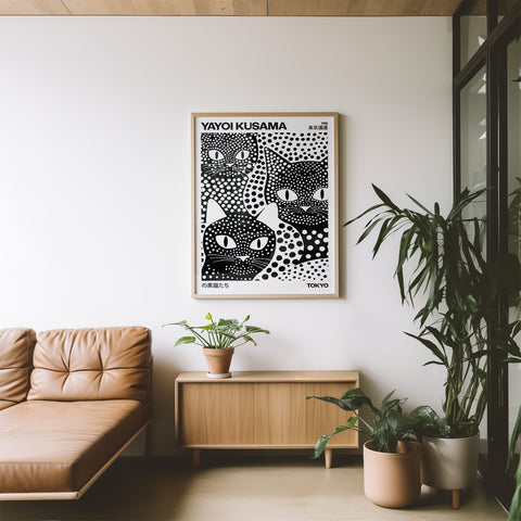 Cat poster inspired by Yayoi Kusama's polka dot style
