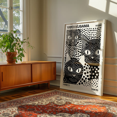 Vibrant cat wall art with polka dot details
