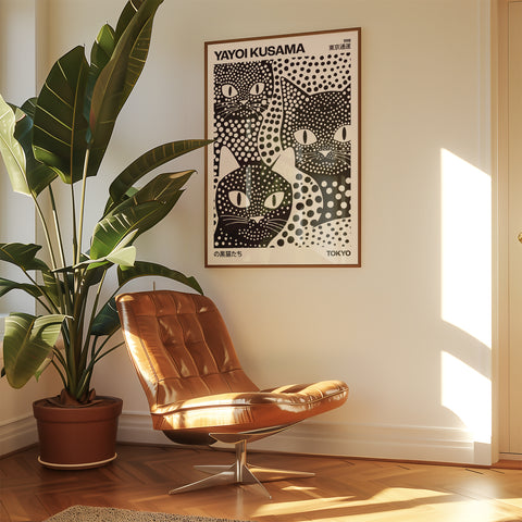 Kusama-inspired modern black cat art poster
