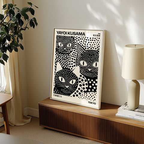 Elegant black cat print with abstract polka dots
