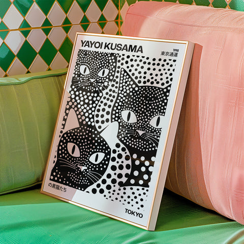 Vibrant Kusama-inspired cat print with polka dot charm
