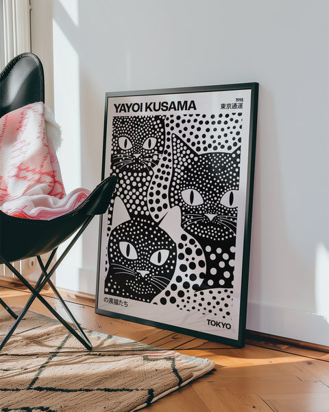 Playful polka dot cat poster for art lovers
