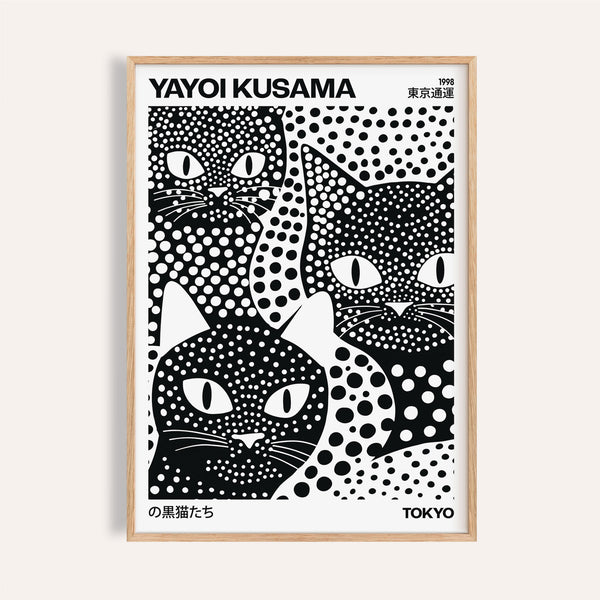 Yayoi Kusama Black Cats poster with vibrant polka dot patterns