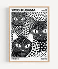 Yayoi Kusama cat poster with polka dots in black and white
