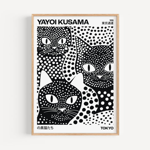 Yayoi Kusama cat poster with polka dots in black and white
