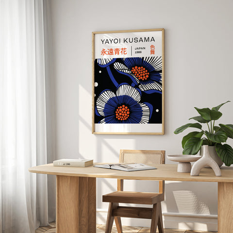 Japanese Art Wall - Elegant Blue Flowers by Yayoi Kusama