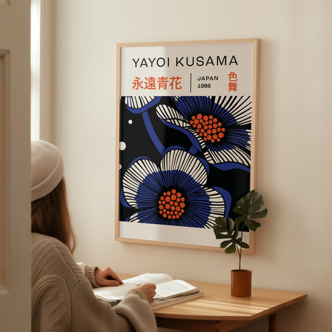 Japanese Art Wall - Intricate Blue Floral Design by Yayoi Kusama