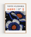 Japanese art wall print with blue and black floral patterns by Yayoi Kusama
