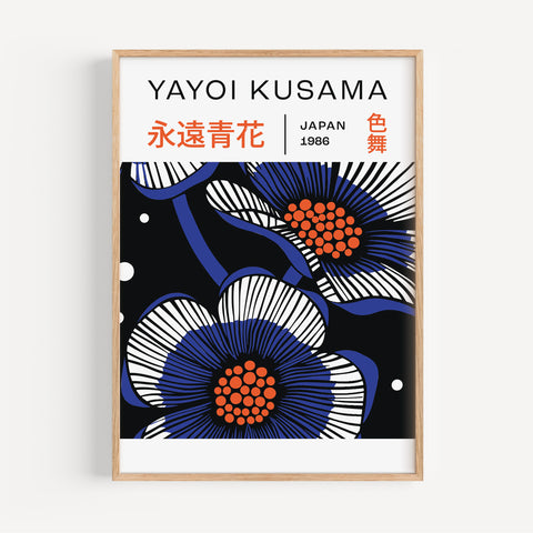 Japanese art wall print with blue and black floral patterns by Yayoi Kusama
