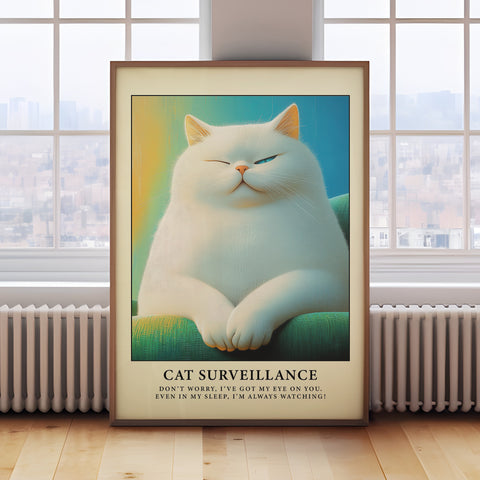 Funny cat poster featuring a retro-style fat cat lounging in humorous "surveillance" mode.