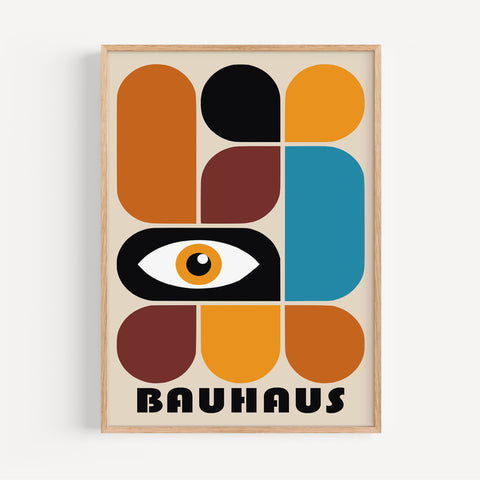 Abstract Bauhaus wall art with eye motif in deep brown, orange, teal, and black